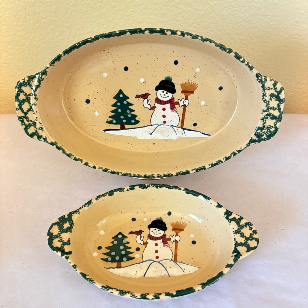 Country Snowman Stoneware Oval Casserole Set Of Two Christmas Winter NIB